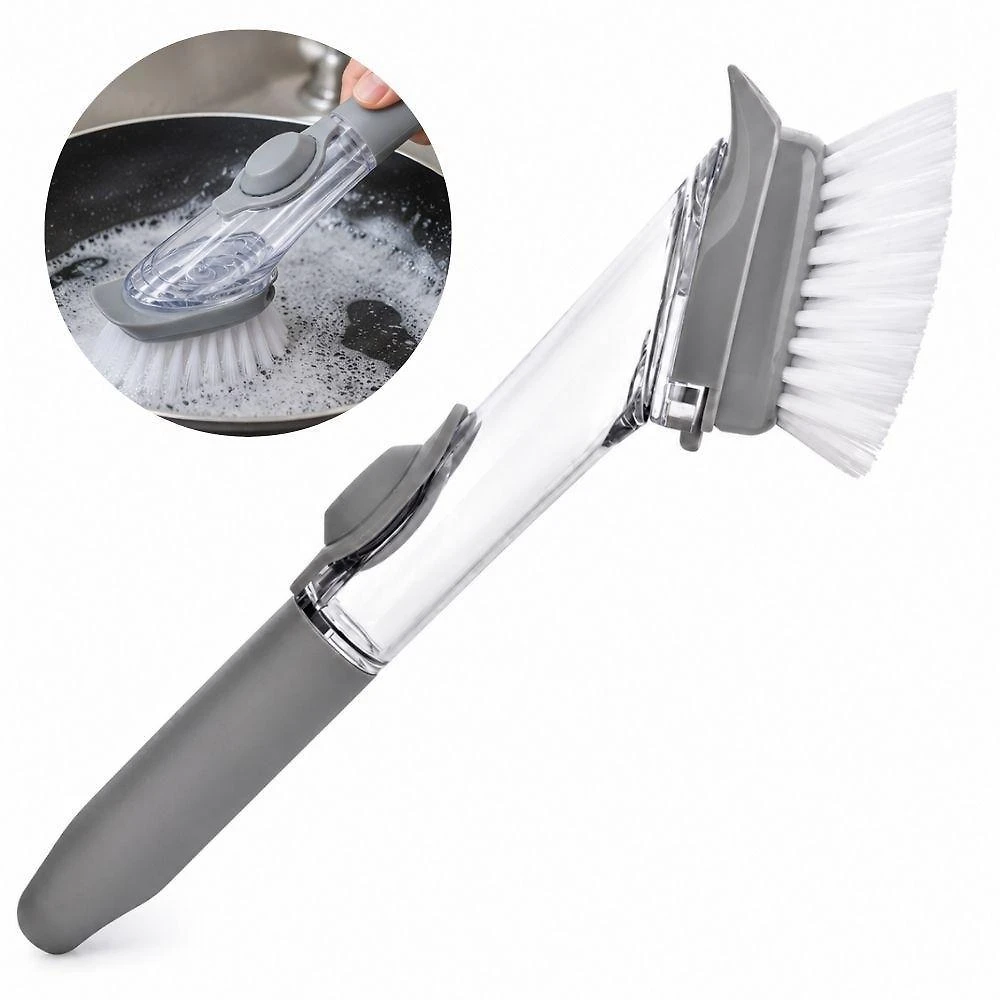Escova de Limpeza com Dispensador de Detergente Multiuso PP e Borracha com Raspador para Cozinha