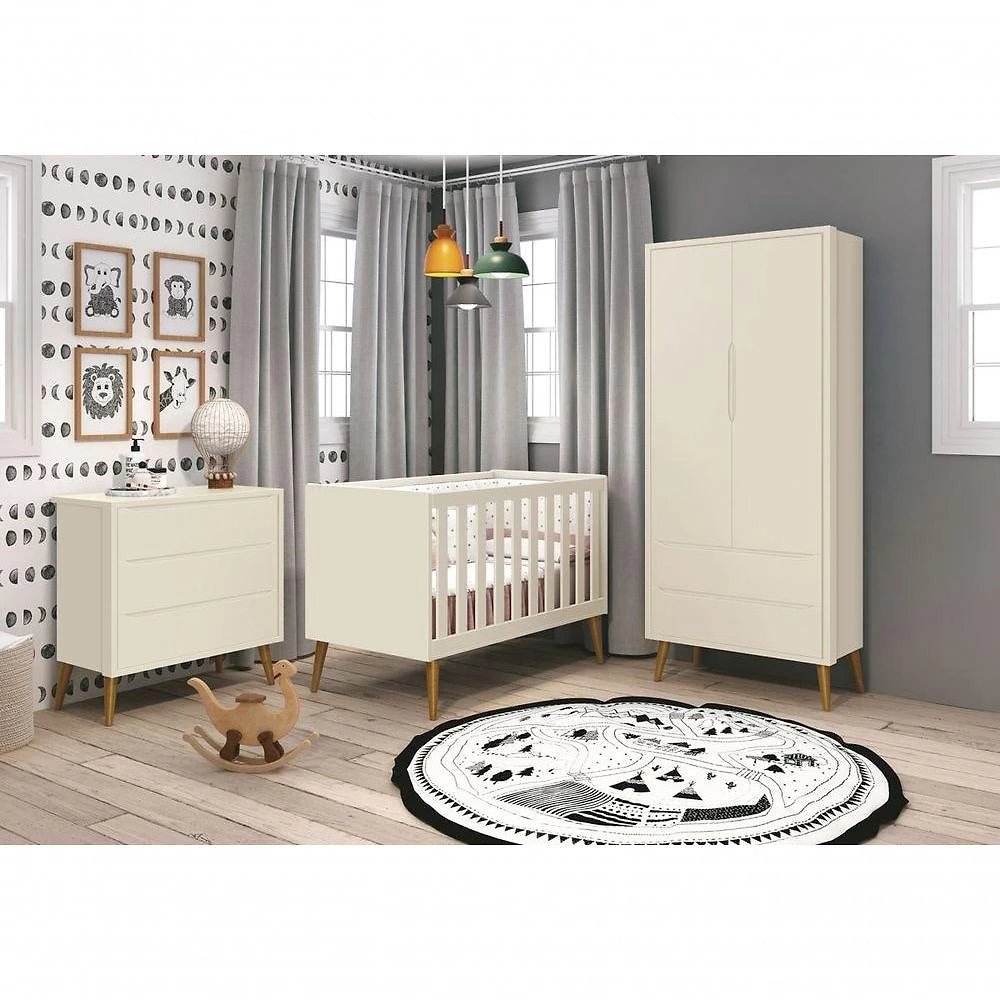 Jogo de Quarto para Bebê Théo New 2 Portas 3 Gavetas MDF Bege Theo Móveis