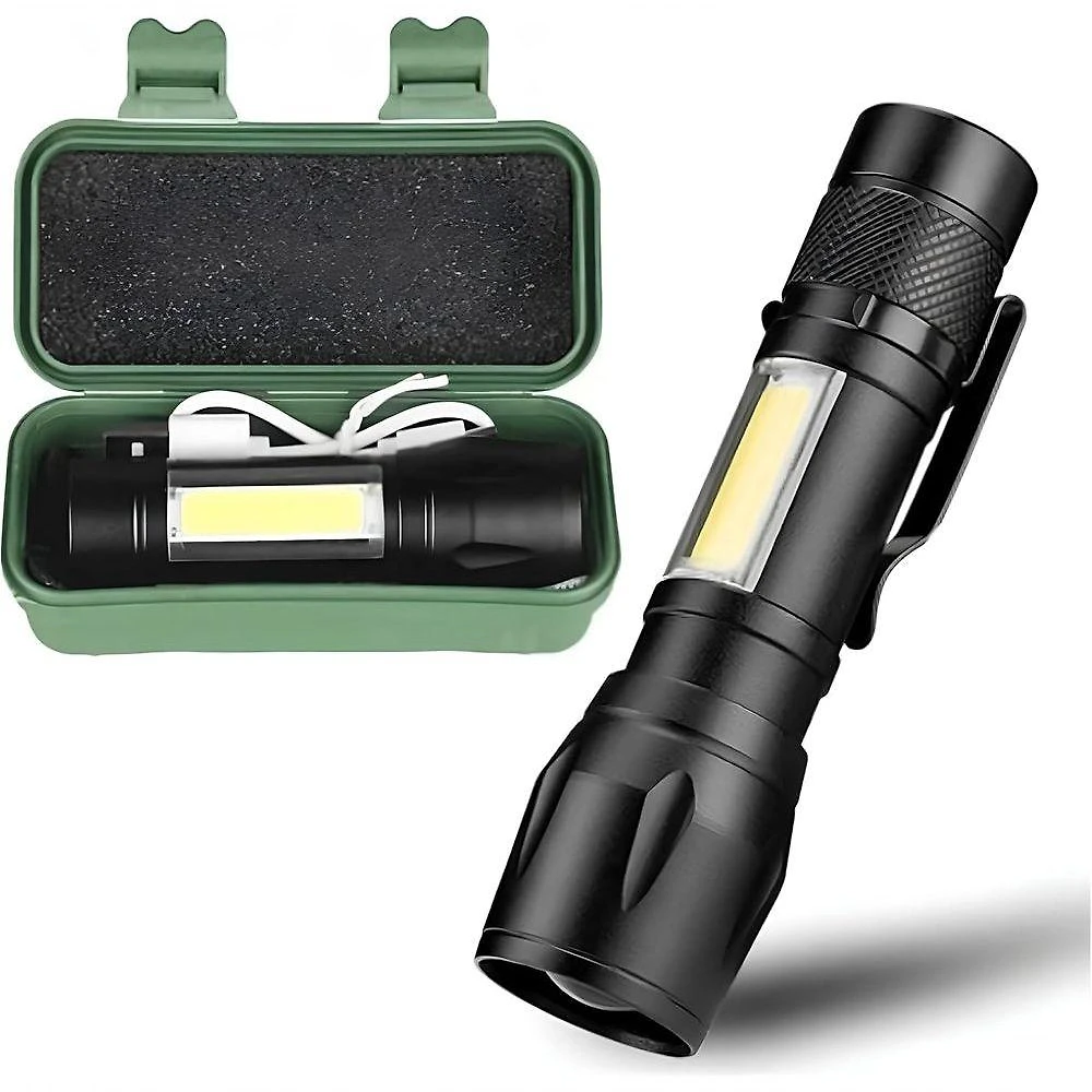 Lanterna Tática LED Recarregável USB Zoom Ajustável COB 3 Modos Preta