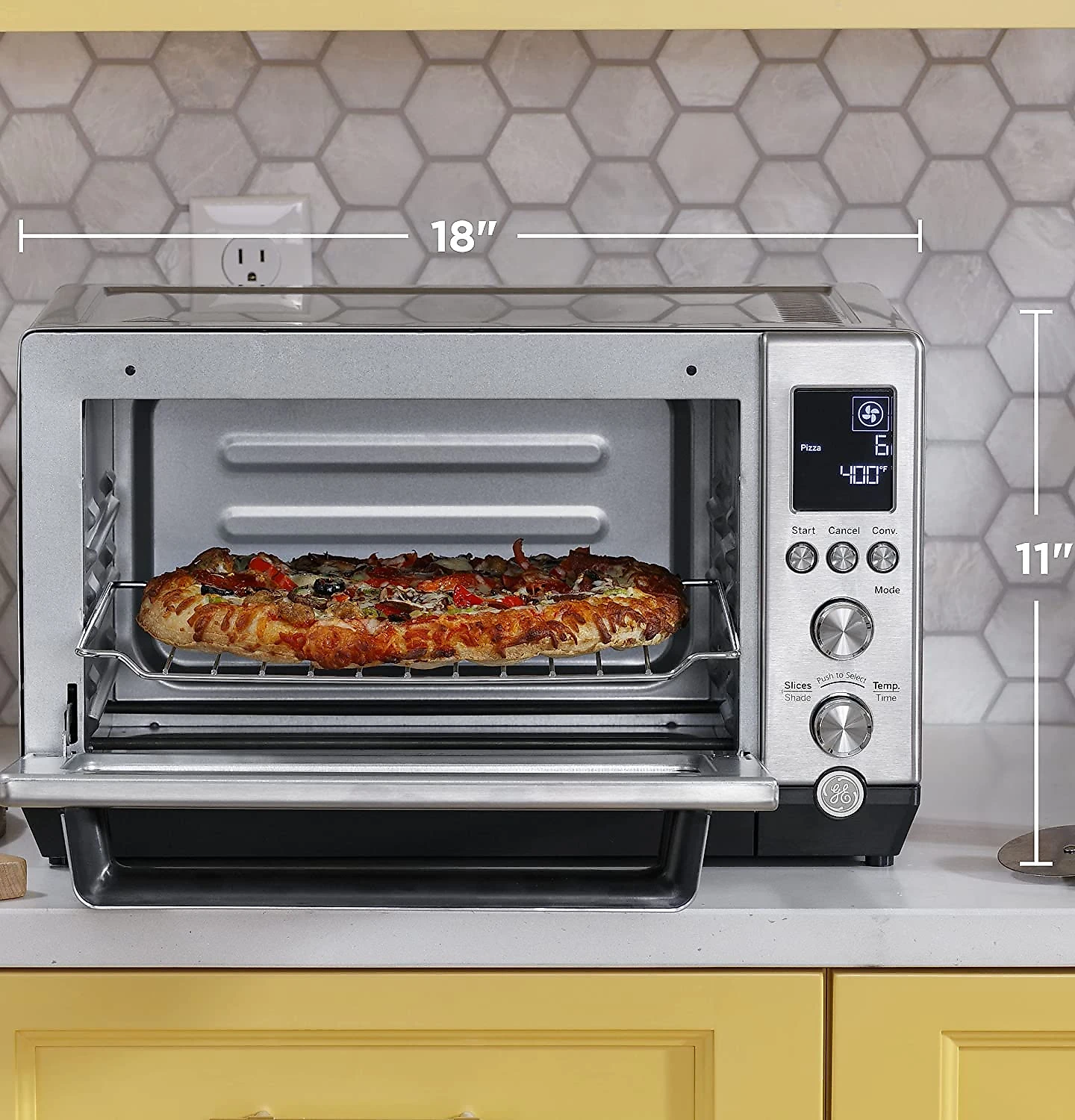 GE G9OCAASSPSS Calrod Convection Toaster Oven Large Capacity Fits 9x11 7 Cook Modes Includes Baking Rack Pan Tongs e Drip Stainless Steel