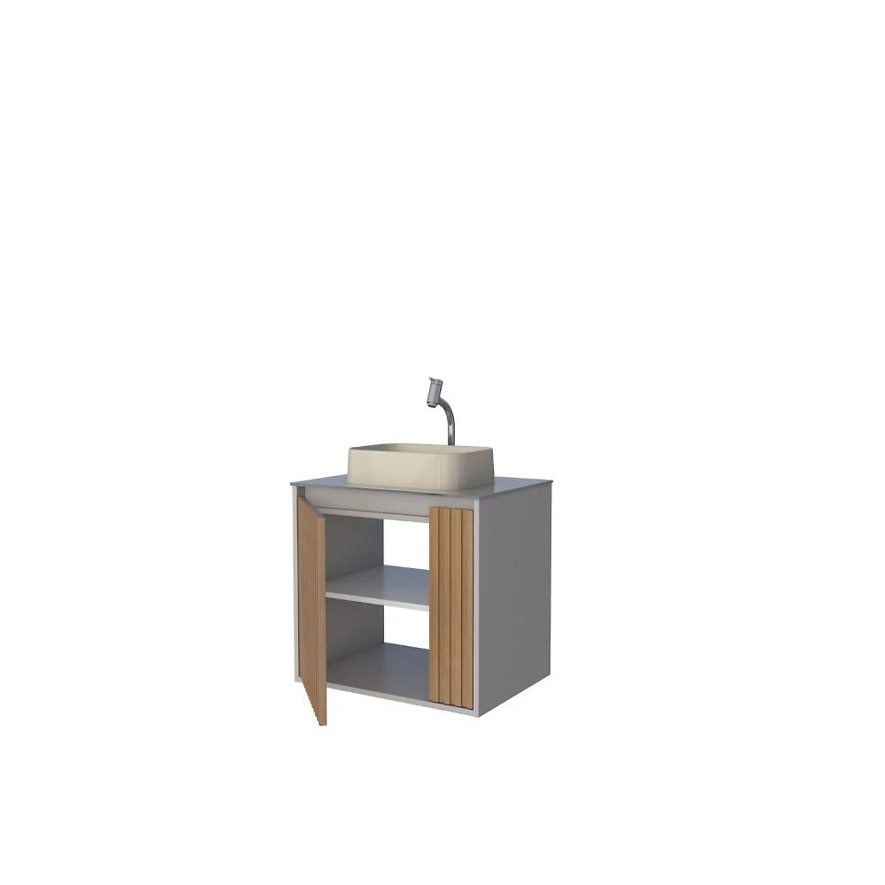 Miniatura Gabinete para Banheiro Ripado com Tampo de Vidro Nude/Jequitiba