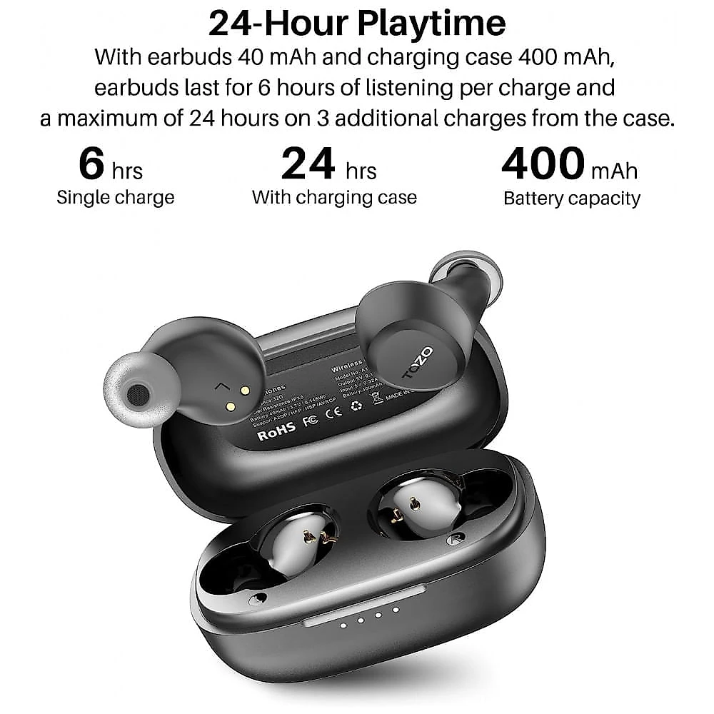 Mini Fones de Ouvido Bluetooth com Estojo de Carregamento e Resistência a Agua IPX5, TOZO A1, Preto