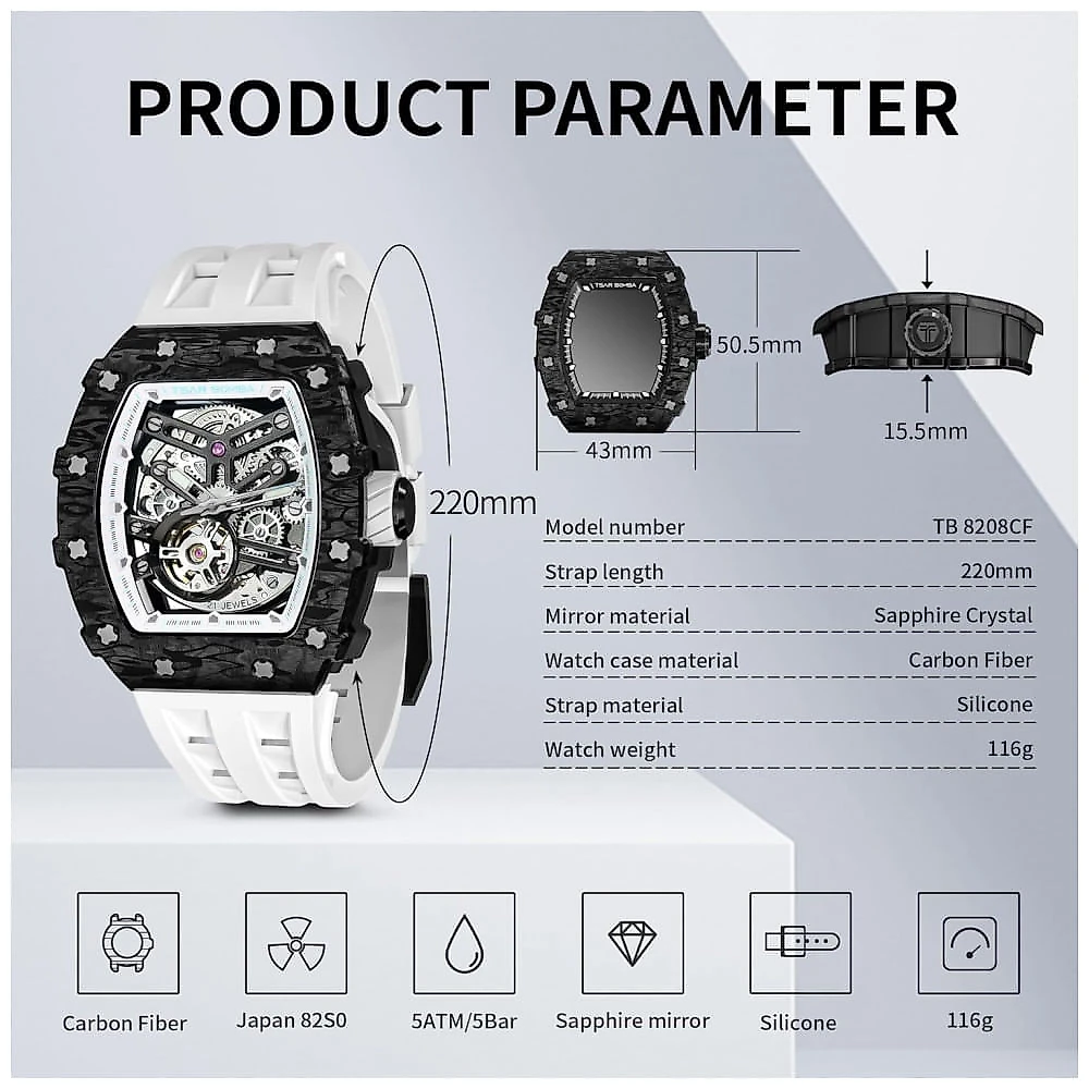 Relógio Masculino Analógico Automático Mecânico a Prova dÁgua 50M com Pulseira de Silicone, TSAR BOMBA TB8208SGLZ, Bran...