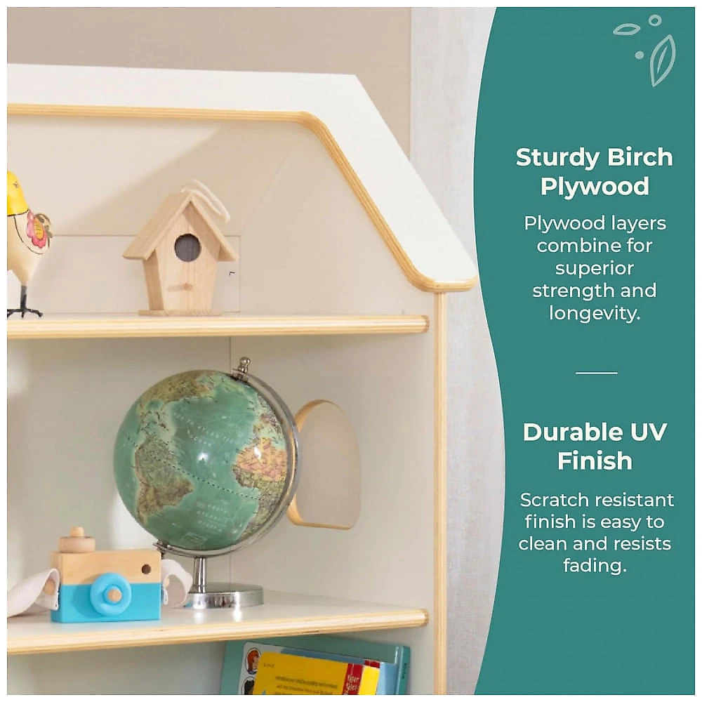 Estante casinha infantil Guidecraft EdQ Dollhouse Bookcase Branca com prateleiras e 3 caixas de tecido 94cm