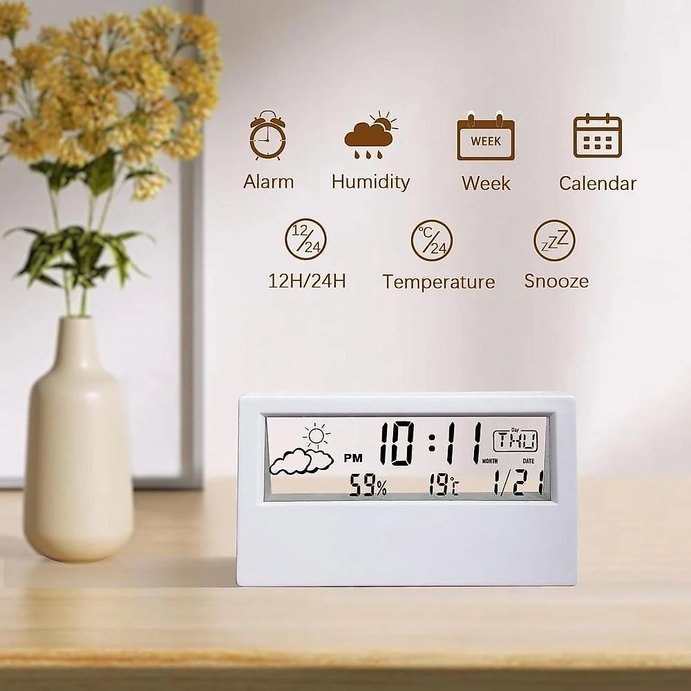 Relógio de Mesa Despertador Digital LCD Sensor Clima Temperatura Branco