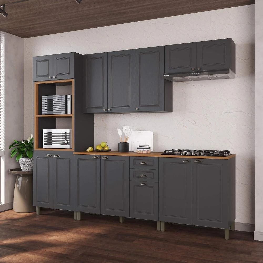 Cozinha Completa Modulada Nara 14 Portas 2 Gavetas MDF 270CM Chumbo Fidelita Móveis