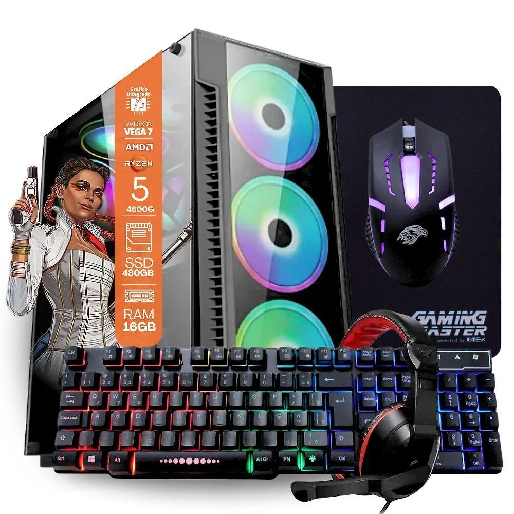 Miniatura Pc Gamer Amd Ryzen 5 4600g, 16gb Ram, Placa De Video Radeon Vega 7, Ssd 480gb, Fonte 200w + Kit Gamer Completo