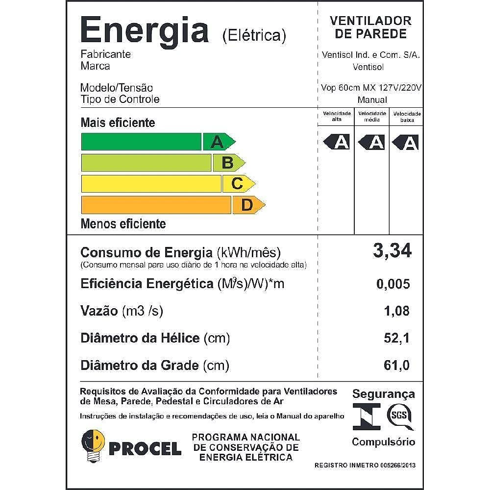 Ventilador de parede ventisol 60cm preto bivolt 543