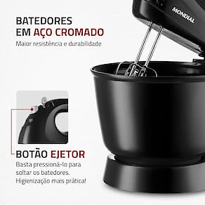 Miniatura Batedeira Mondial Prática Black B-44 com 3 Velocidades – Preta 110V
