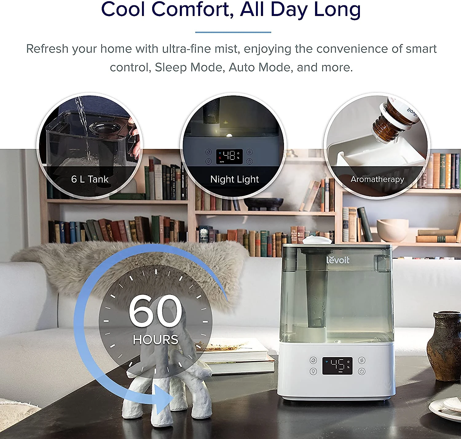 LEVOIT Umidificador Ultrassônico de 6L com WiFi e Aromaterapia e Controle de Voz Alexa 110V Branco