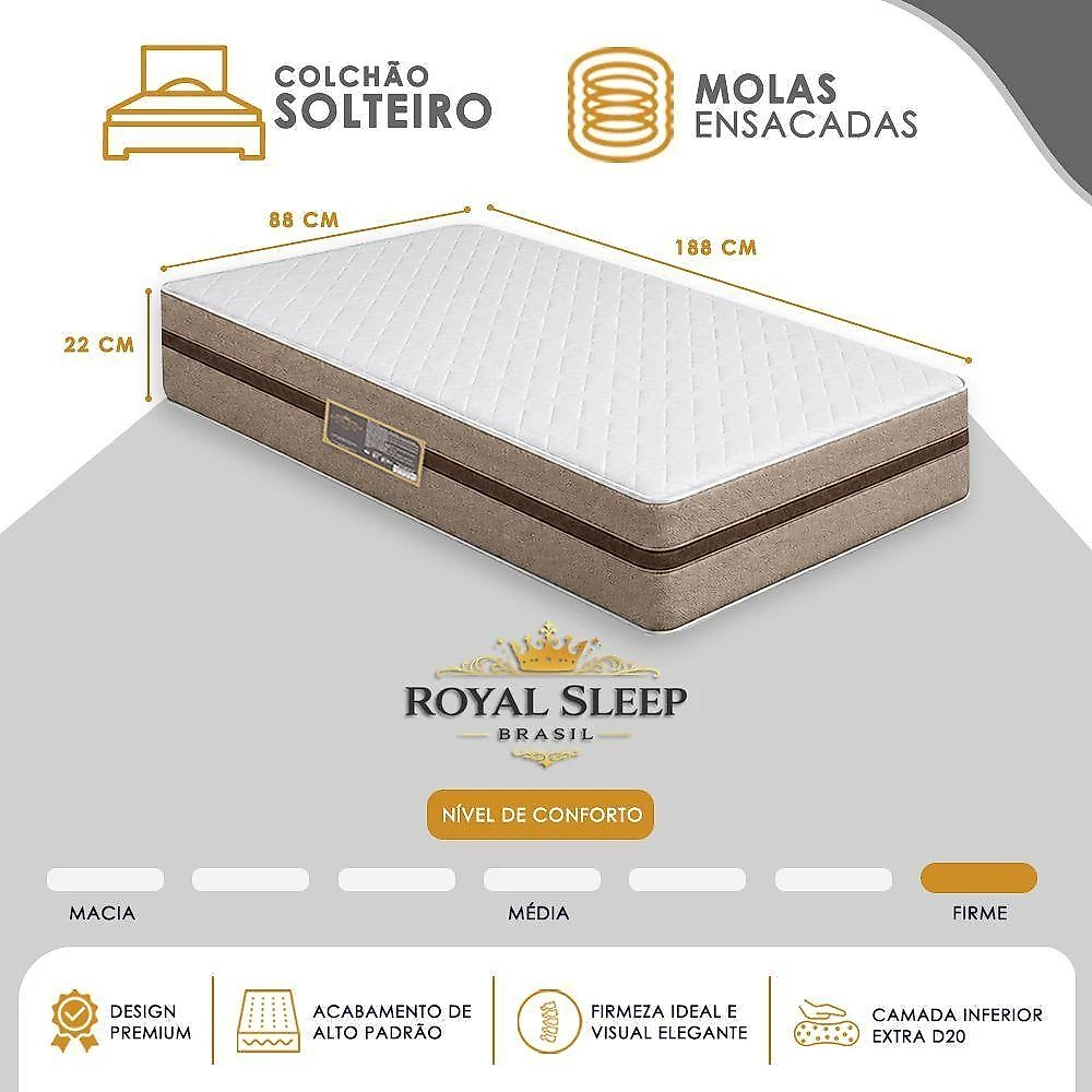 Cama Box com Baú Solteiro Bioclassic Molas Ensacadas Suede Bege Royal Sleep 88CM