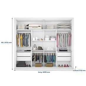 Miniatura Guarda-Roupa Casal Móveis Europa Londres Flex com Espelho, 2 Portas de Correr e 4 Gavetas - 205cm de largura Branco/Caramelo