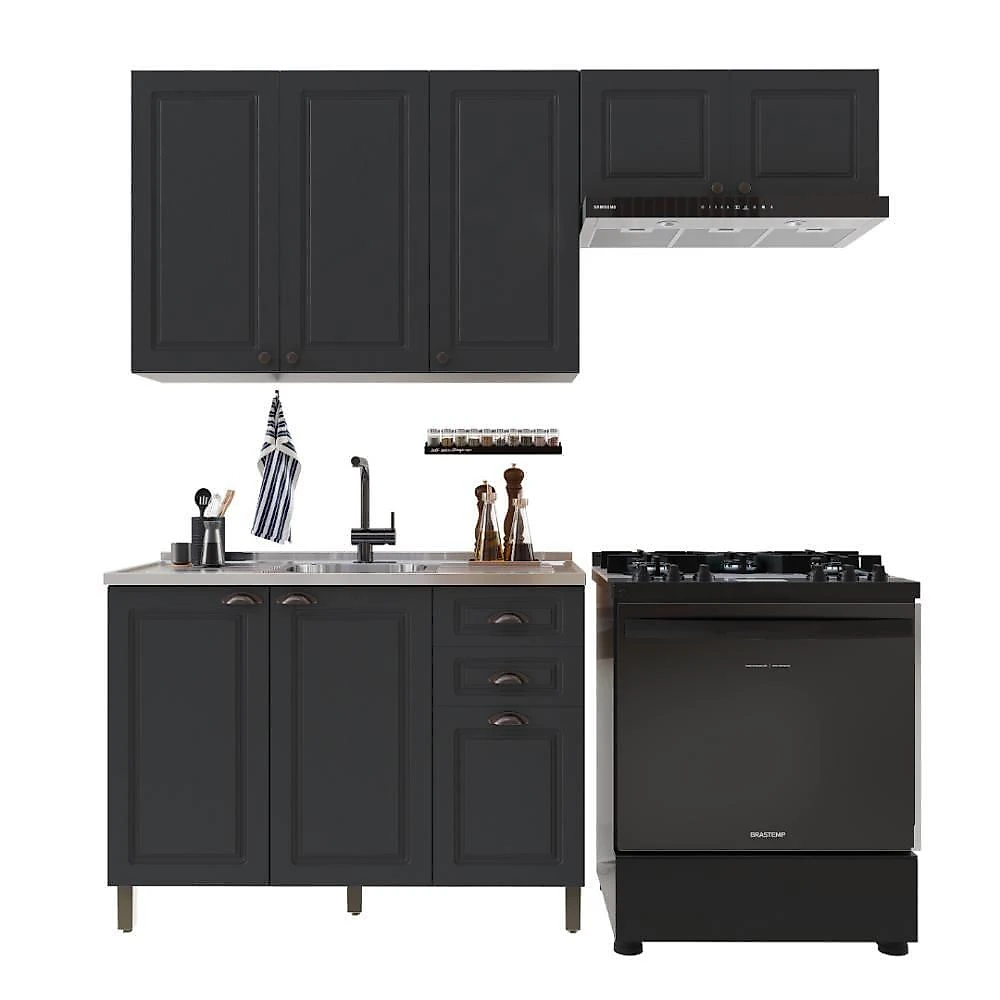 Armário de Cozinha Modulada Compacta Nara 8 Portas 2 Gavetas MDF 200CM Chumbo