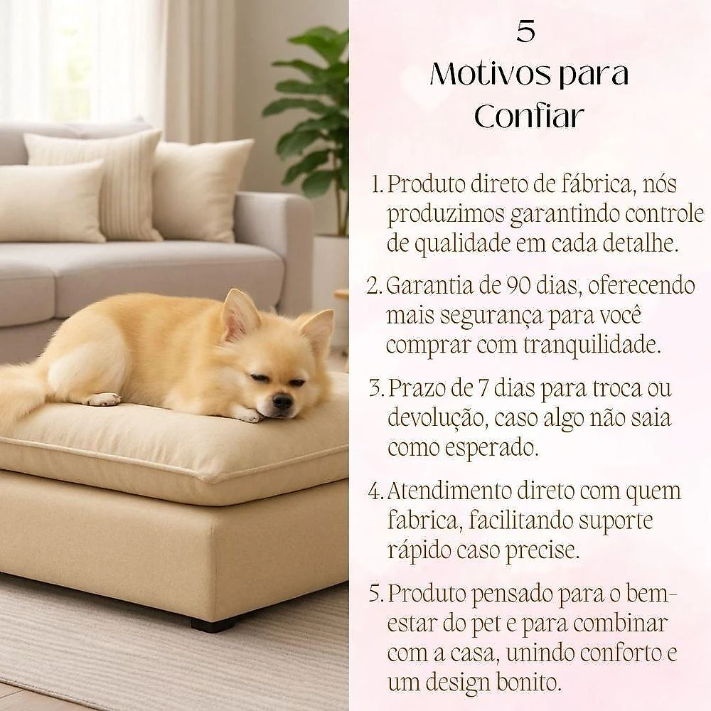 Cama Puff para Pet Tatite Decor para Cachorro e Gato em Suede Bege 55cm X 40cm X 20cm