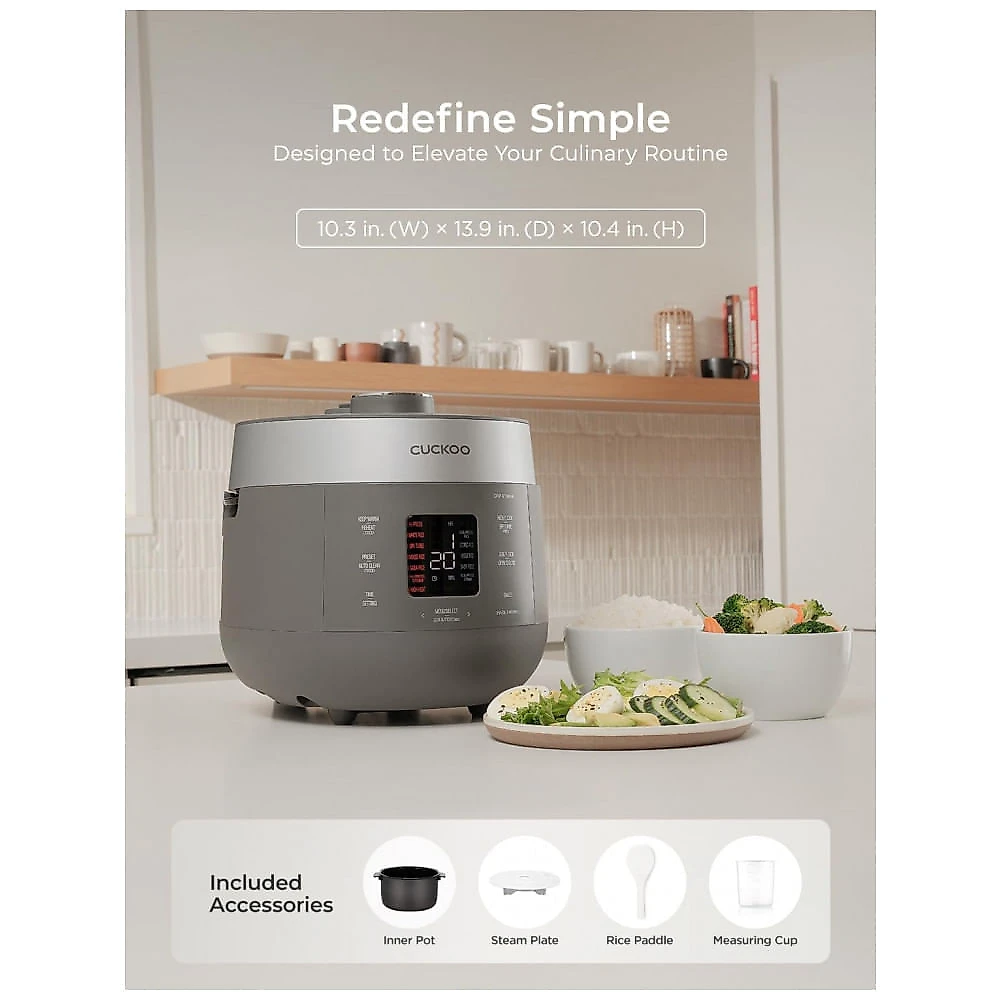 Panela Elétrica de Arroz com Pressão Cuckoo Cinza 6 Xícaras 12 Xícaras Cozidas 16 Modos 880 W 120 V