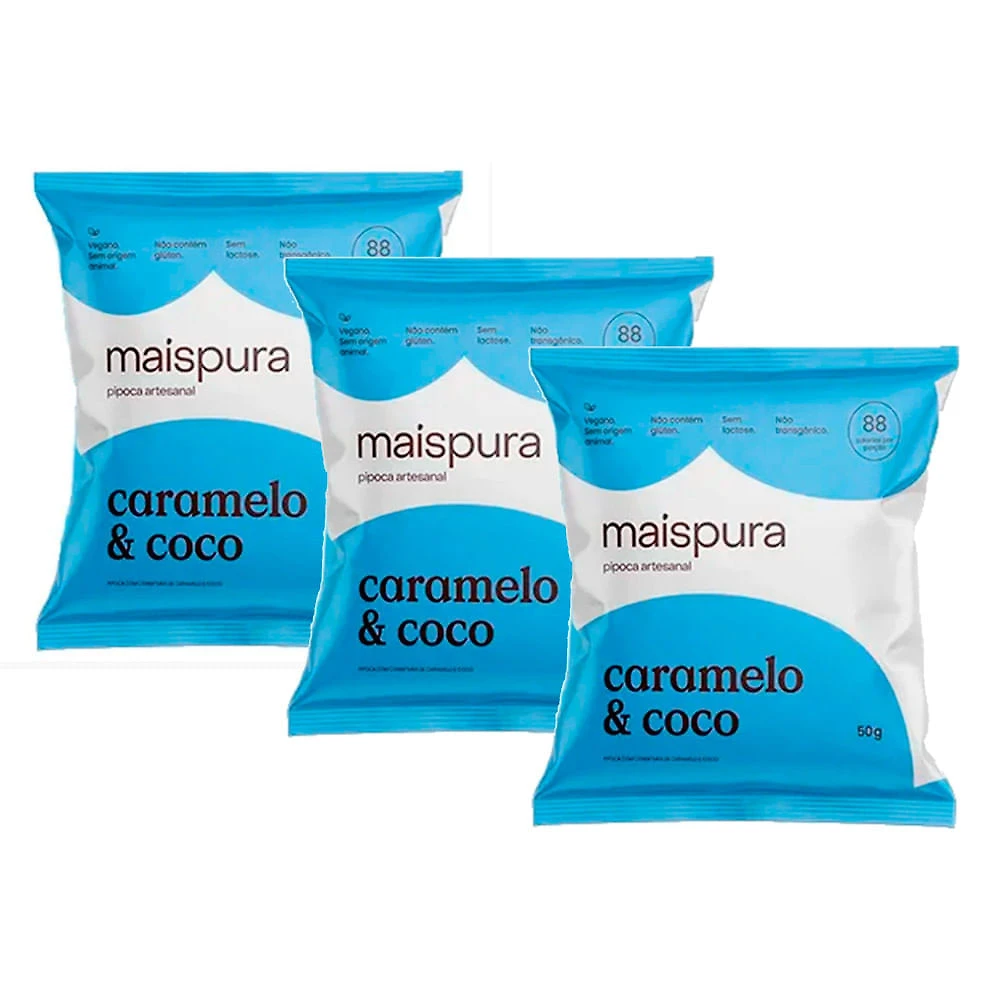 Kit 3 Pipoca Artesanal Mais Pura Sabor Caramelo e Coco 50g