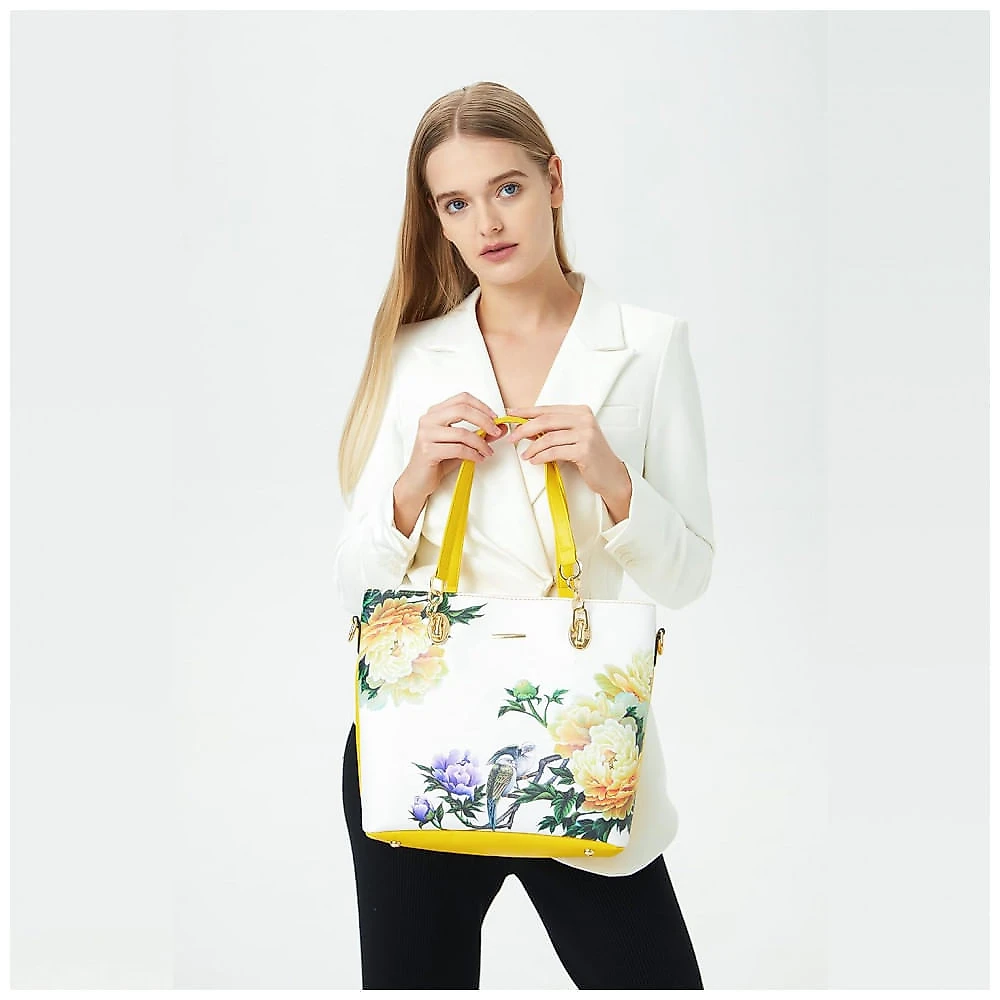 Conjunto de Bolsas Femininas 6 Peças com Carteira, 2E youth, Amarelo Florido