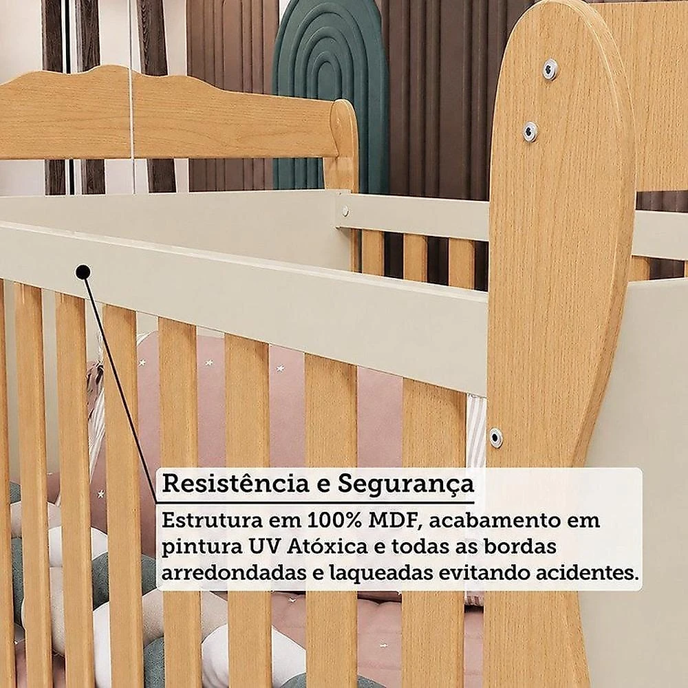 Quarto de Bebê Completo Berço 3 em 1, Cômoda e Guarda Roupa MDF Nina Espresso Móveis Branco/Amê Off White/Amêndoa