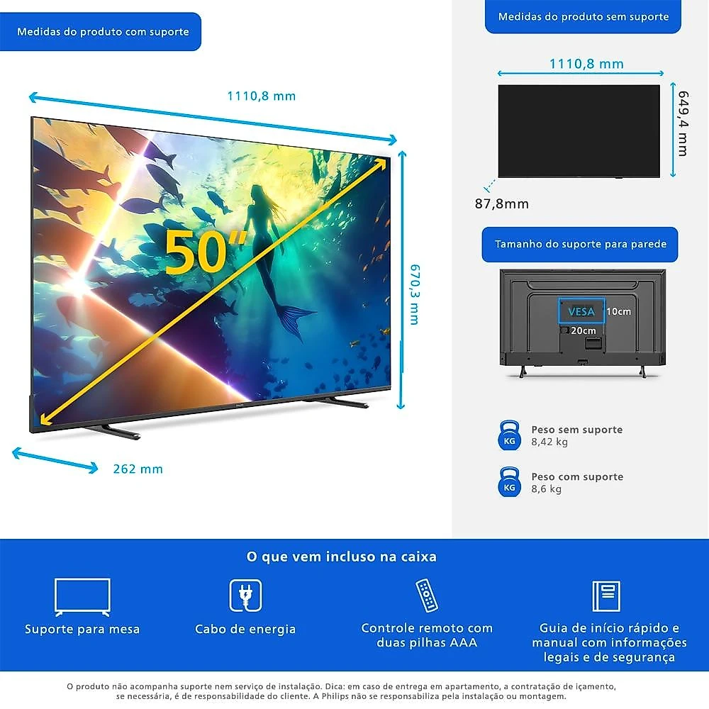 Smart TV Philips 50 Polegadas 4K UHD com Ambilight - PUG8100/78