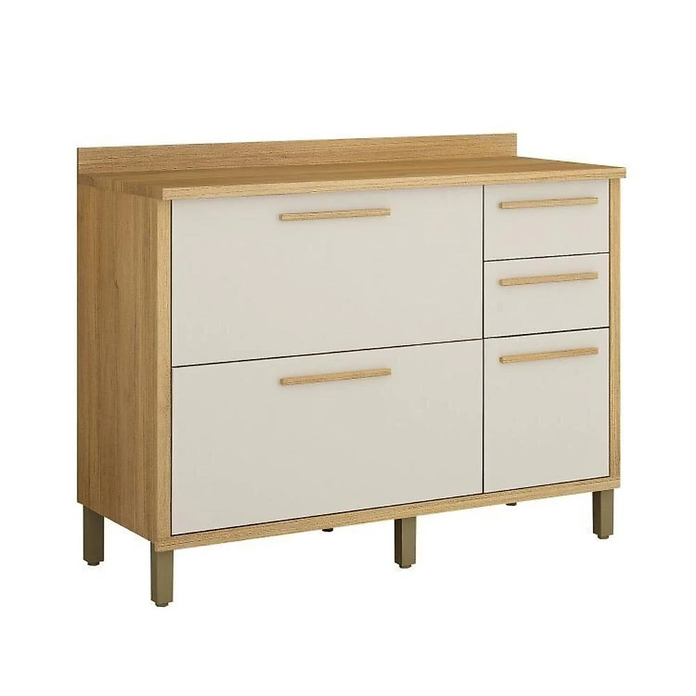 Conjunto de Cozinha Balcão 3 Portas 2 Gavetas e Armário Aéreo 120cm 3 Portas Ripado Torino Cinamomo/Off White