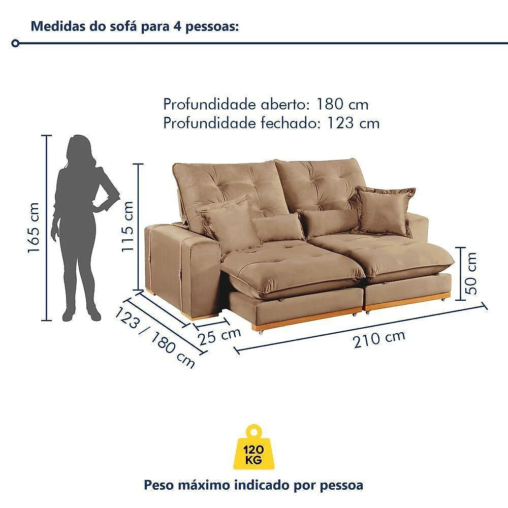 Sofá Milano 3 Lugares Retrátil e Reclinável 210CM Bege Veludo