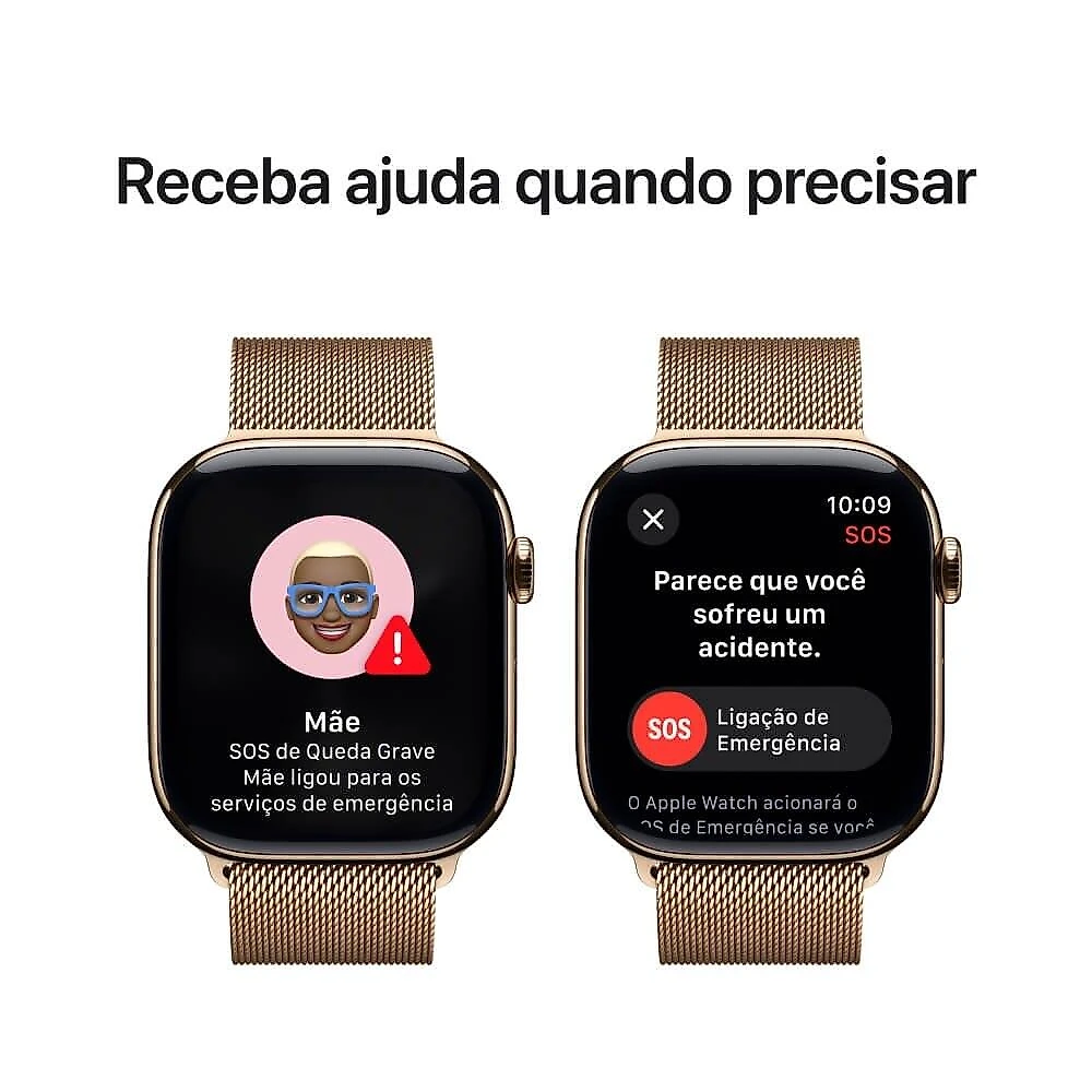Apple Watch Series 10 GPS + Cellular • Caixa dourada de titânio – 42 mm • Pulseira dourada estilo milanês