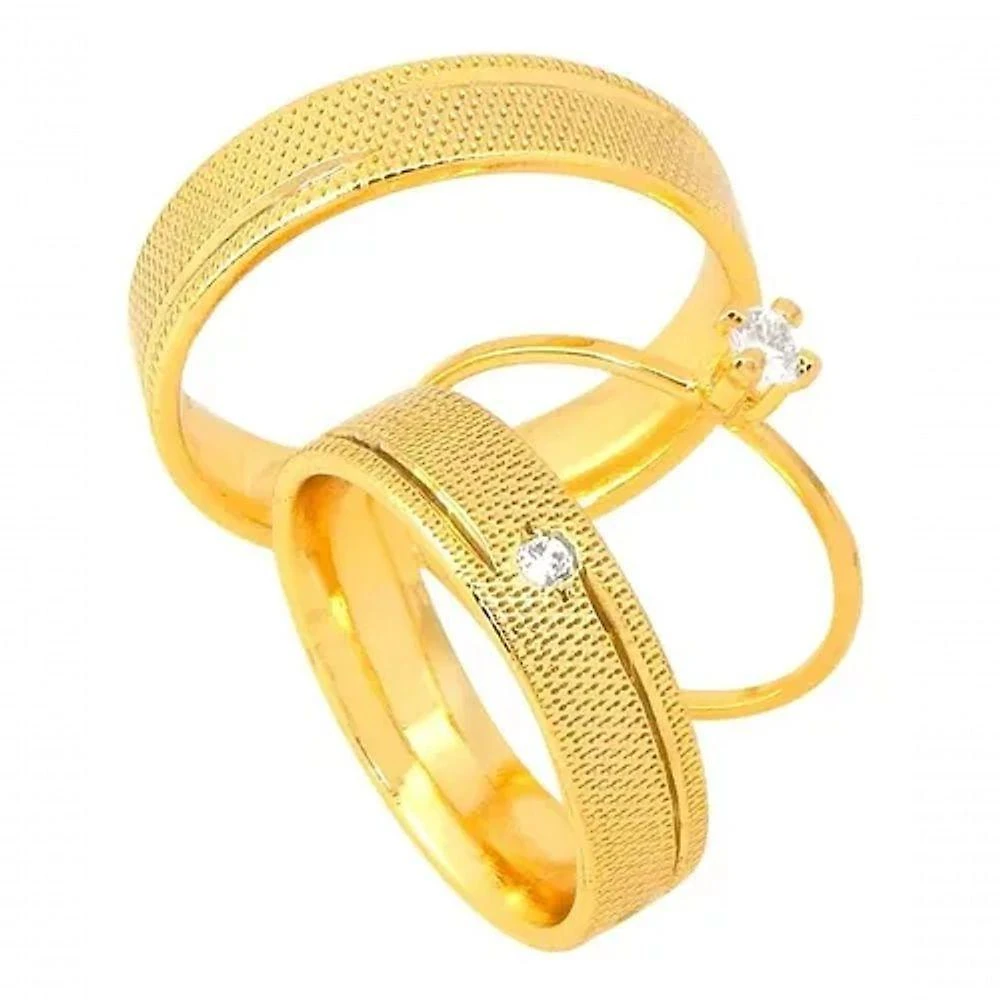 Par De Alianças Banhada Ouro 18k 5mm Recartilhada Solitário