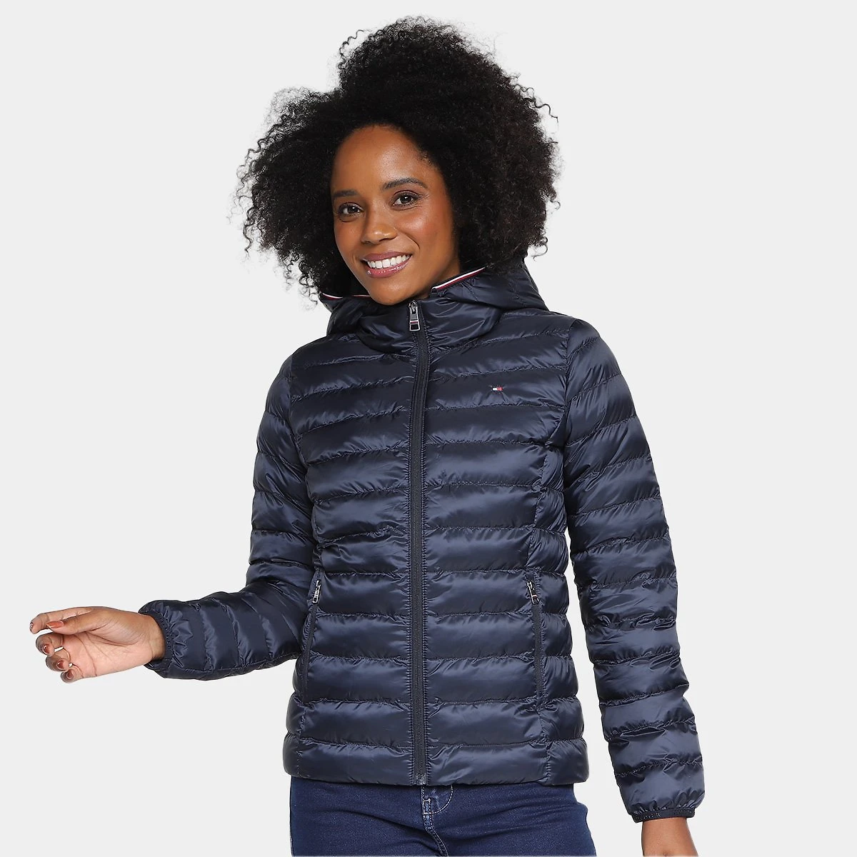 Miniatura Jaqueta Puffer Tommy Hilfiger Padded Global Stripe Com Capuz Feminina Marinho - G