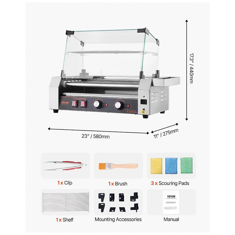 Grill de Hot Dog VEVOR Inox 12 Unidades 5 Rolos Controle Duplo de Temperatura Tampa 750W 110V