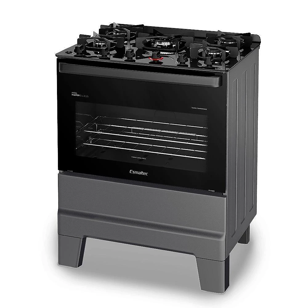 Fogão A Gás Mesa De Vidro Forno 84l Esmaltec Ideal Master Glass Titanium 5 Bocas Bivolt