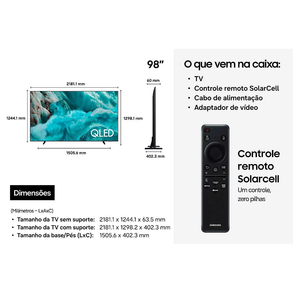 Smart TV Samsung QLED Ultra 4K 98" Polegadas Q7F 2025 com Vision AI, Pontos Quânticos, Xbox Cloud e Alexa Bivolt