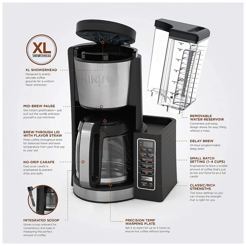 Máquina de Café Programável Ninja 12 Copos Estilo Clássico e Rico Reservatório 1,77 L Extração Térmica Filtro Permanente Preto/Aço Inox CE201 240V