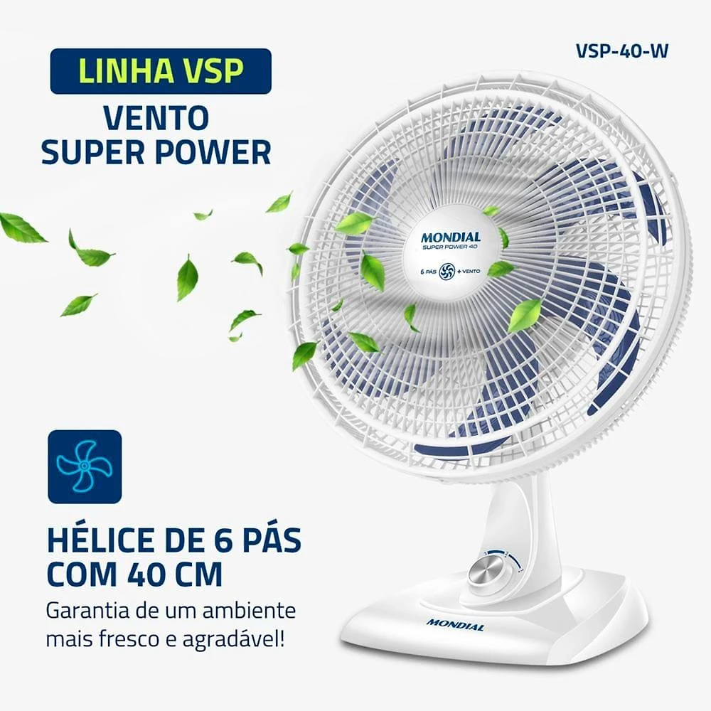 Ventilador de mesa 40cm mondial super power vsp40 w 6 pás 3 velocidades branco