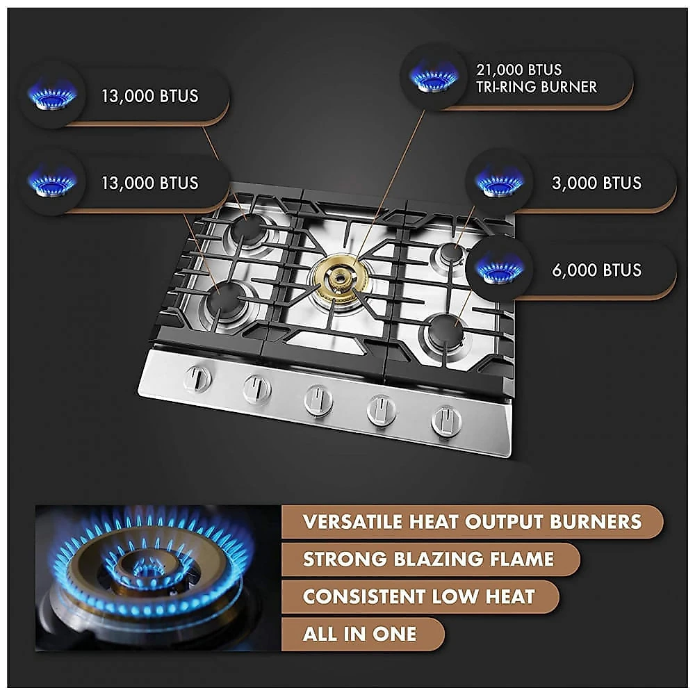 Cooktop a gás 5 queimadores Fotile inox queimador triplo 22.000 BTU proteção contra falha de chama grades em ferro fundido 110V