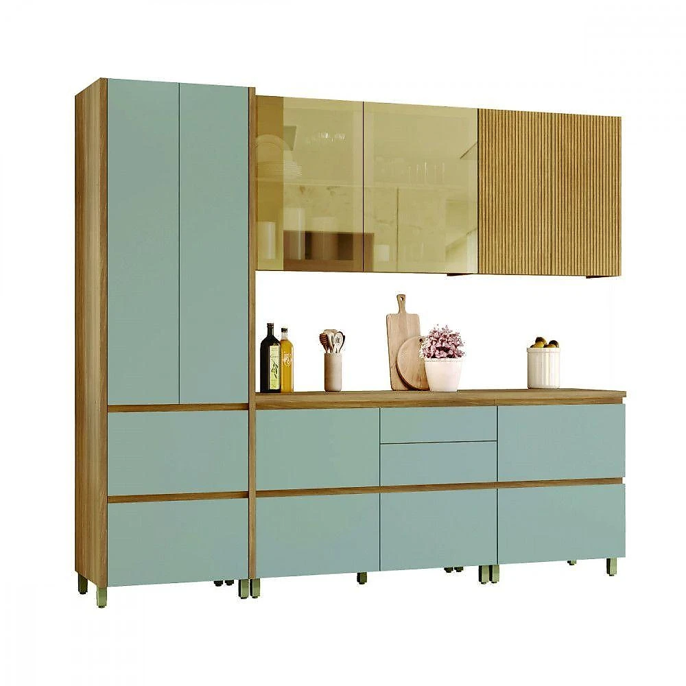 Cozinha 5 Peças Rainha 2 Portas 7 Gavetas MDF Nature e Verde Nesher Móveis webcontinental-7899766223418