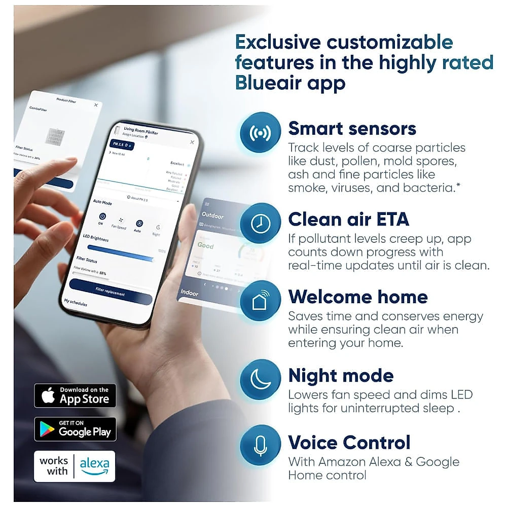 Purificador de Ar para Ambientes até 33m² com Modo Noturno, Filtragem Dupla HEPASilent da Blueair, Controle por APP via WiFi e Compatível com Alexa, 110v