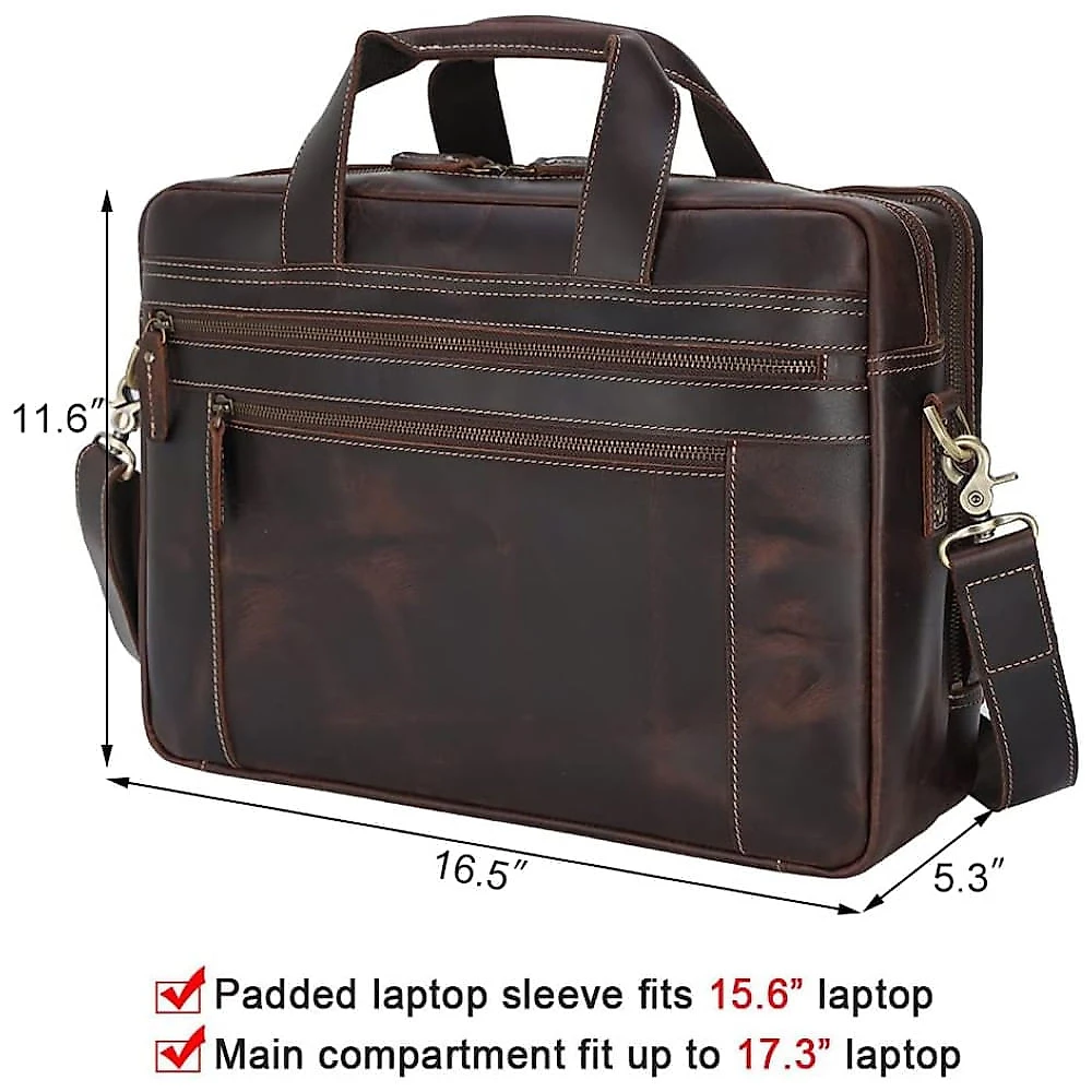 Bolsa Carteiro Masculina de Couro Bovino para Laptop com 17 Polegadas, TIDING, Marrom 110v