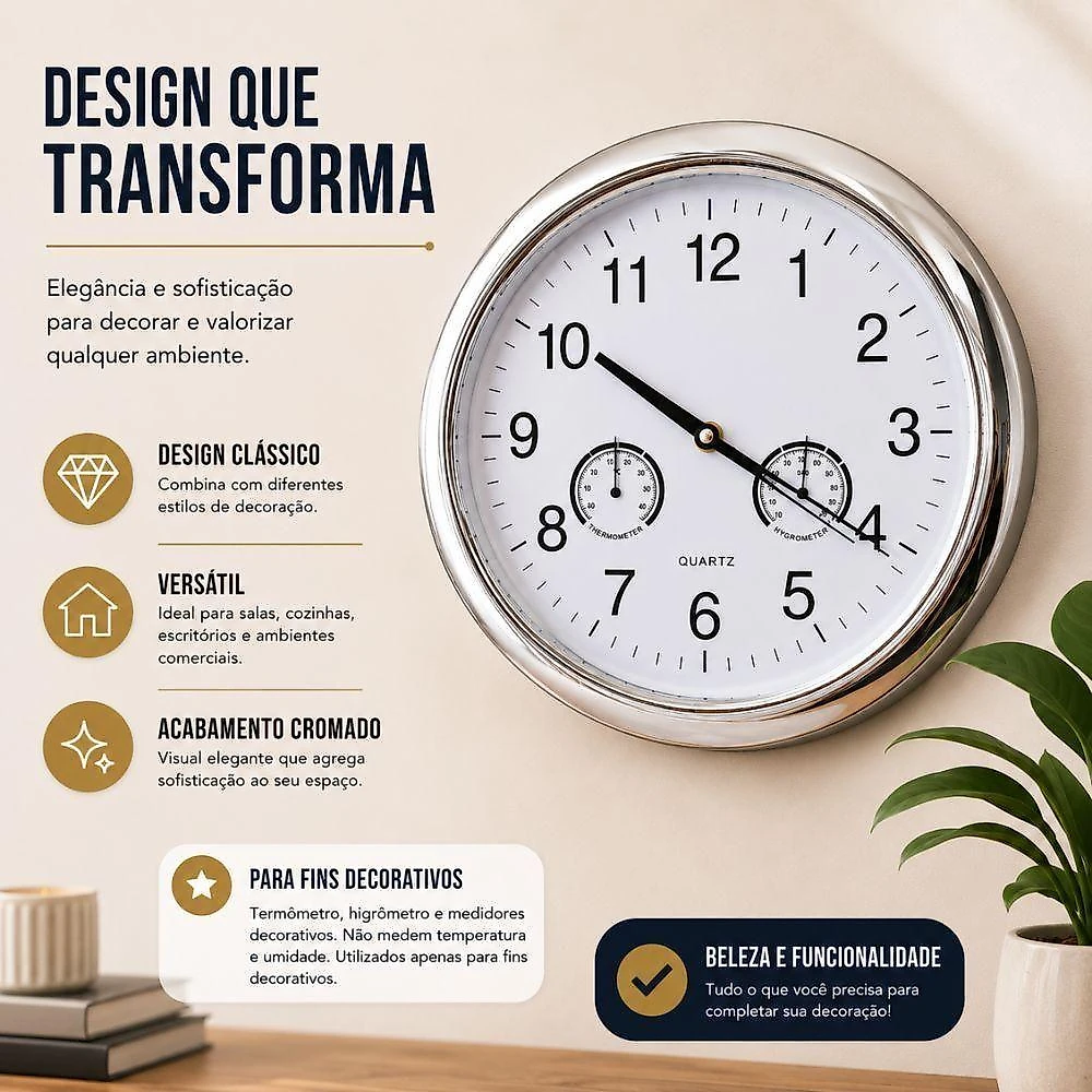 Relogio de Parede Decorativo Termometro Higrometro Ilustrativo Moderno Acabamento Prateado Prata