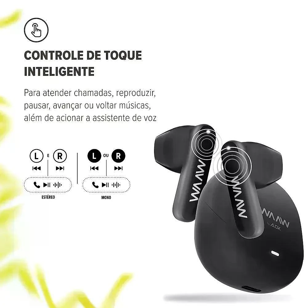 Fone de Ouvido WAAW MOB 210 com Até 22h de Autonomia e IPX4 e Bluetooth V5.3 Preto