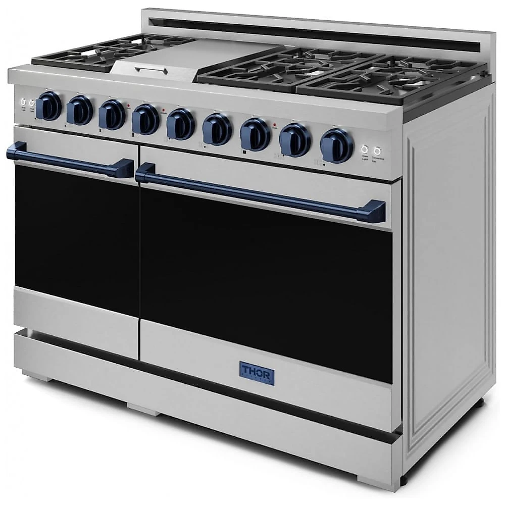 Fogão a gás profissional 122 cm Gordon Ramsay THOR Kitchen inox/azul marinho, 7 queimadores, chapa 15.000 BTU, 2 fornos com convecção 198 L e 62 L