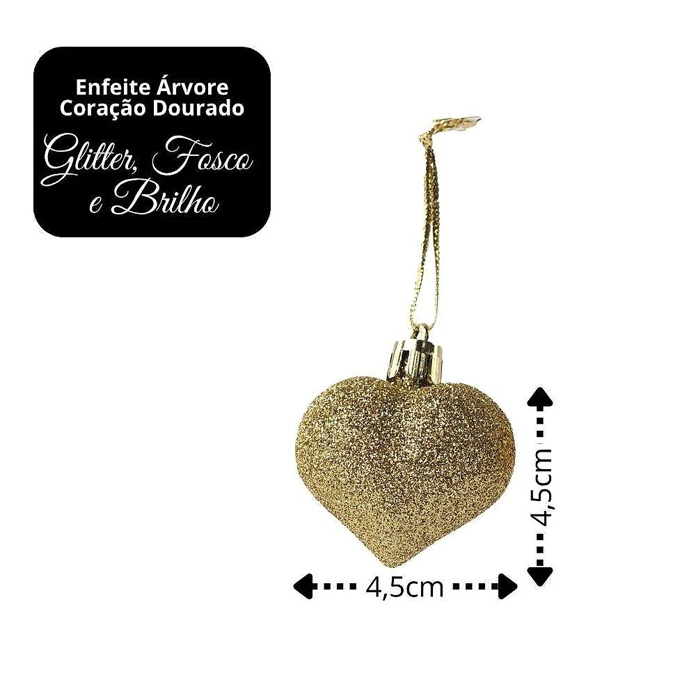 Kit 6 Pingentes Coração Natalinos Dourado Glitter Fosco e Brilho Yangzi