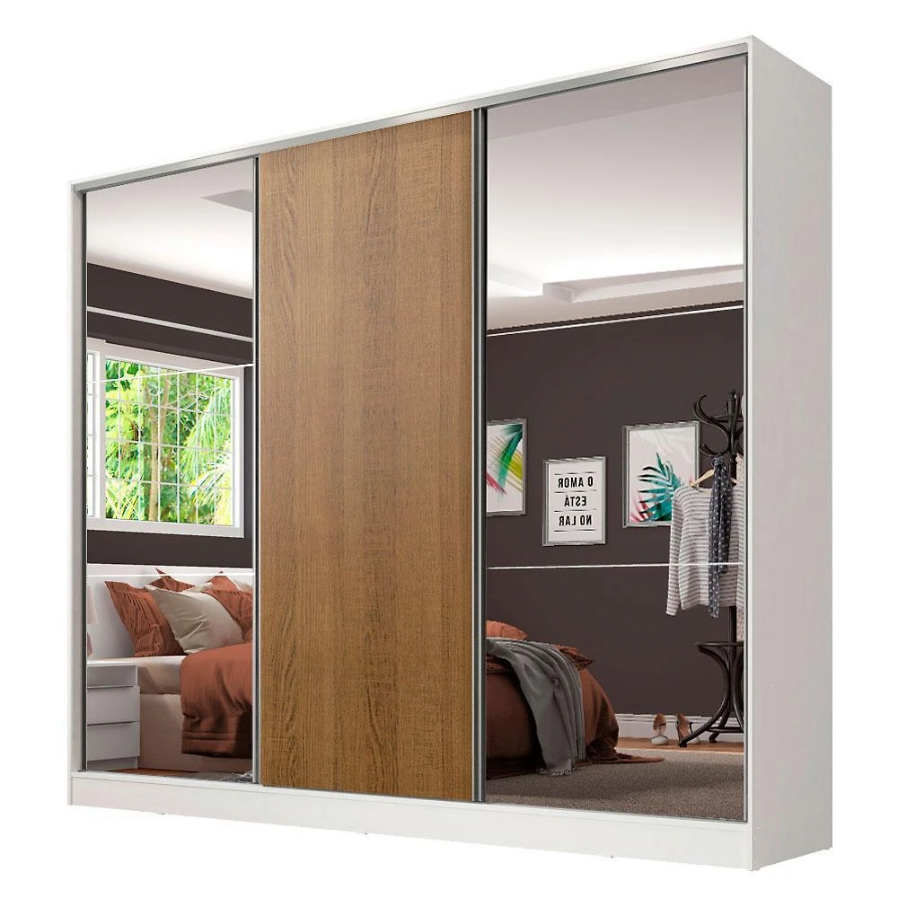 Guarda roupa casal 100% mdf madesa royale 3 portas de correr com espelhos - branco/rustic