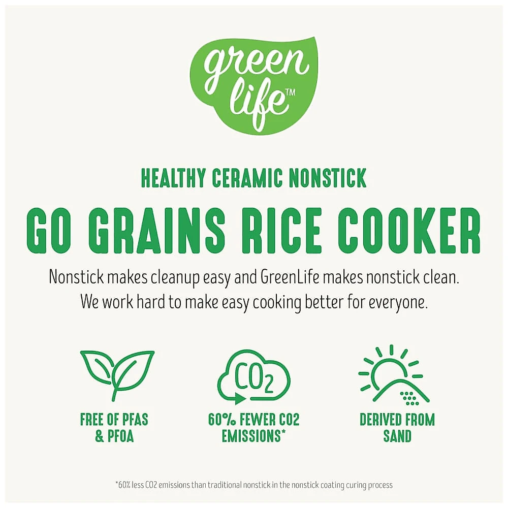 Panela de Arroz Digital GreenLife 4 Xícaras, Livre de PFAS e PFOA, Potável Cerâmico Removível, Seguro para Lava-louças, Presets Automáticos.