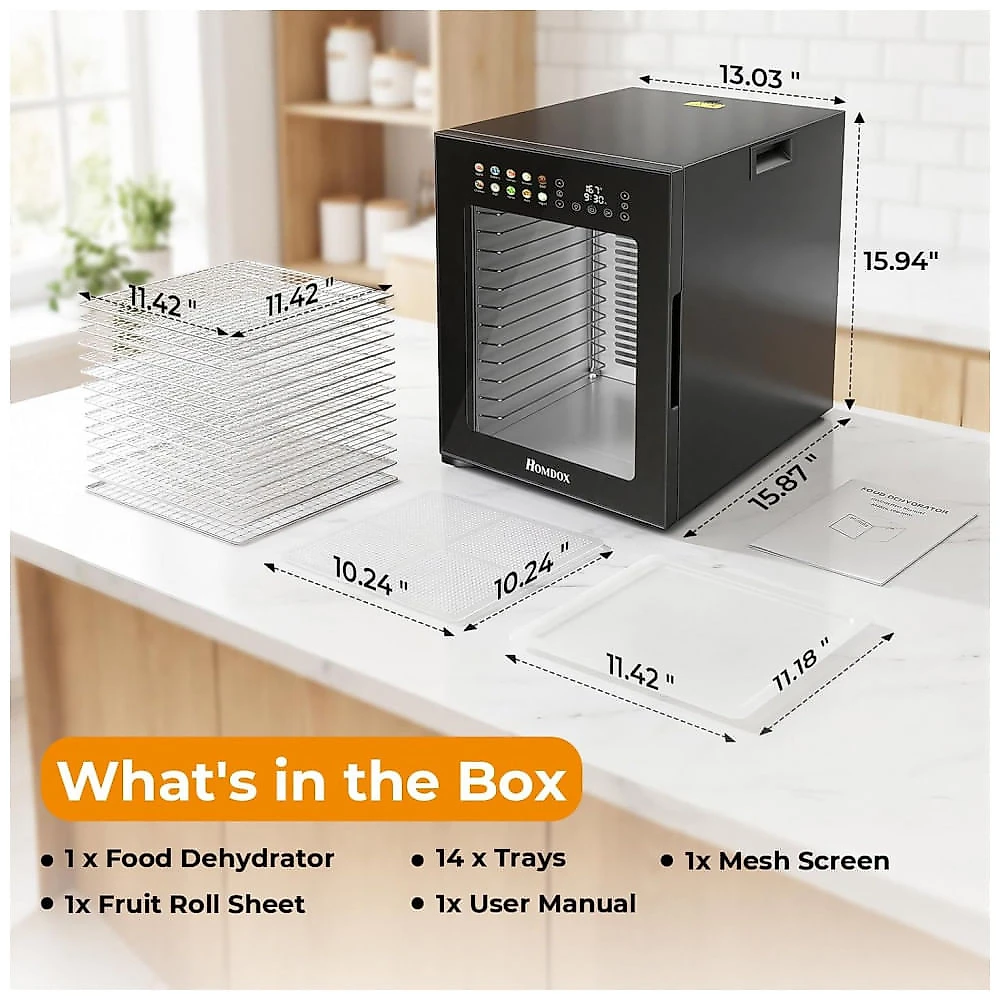 Desidratador de Alimentos Homdox Prata 14 Bandejas Inox com Timer 48H e Controle de Temperatura 120V