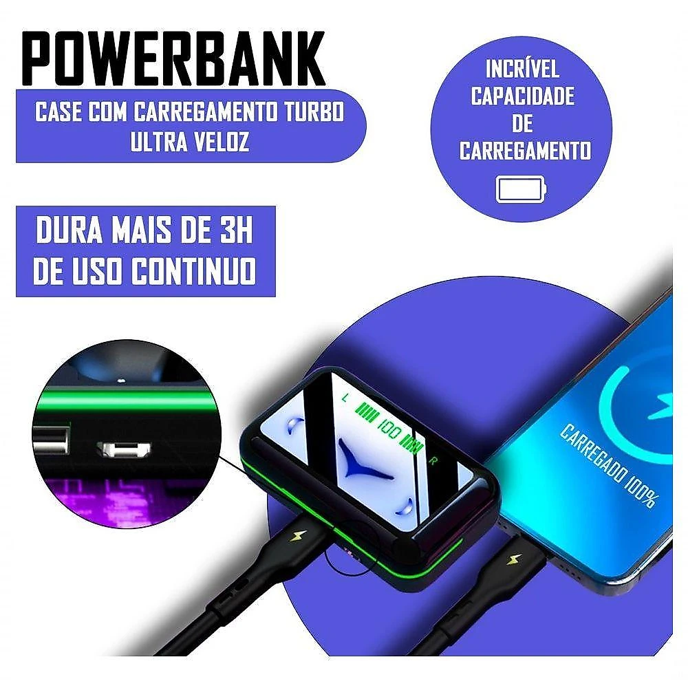 Fone de Ouvido Carisma E10 TWS Bluetooth Luz LED Azul-Turquesa à Prova D-água Preto