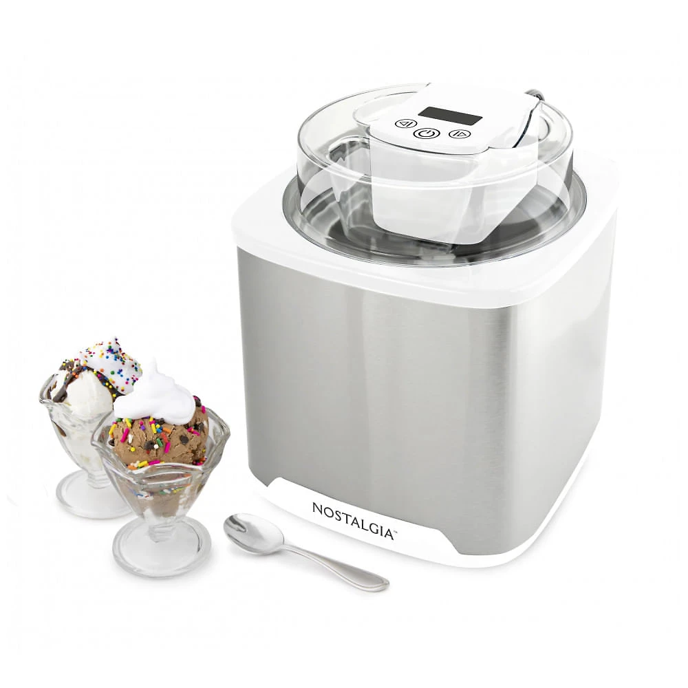 Sorveteira Elétrica Nostalgia Branco Inox 1,89L Controles Digitais Chute Mix-In Cuba Gel Automática 120V