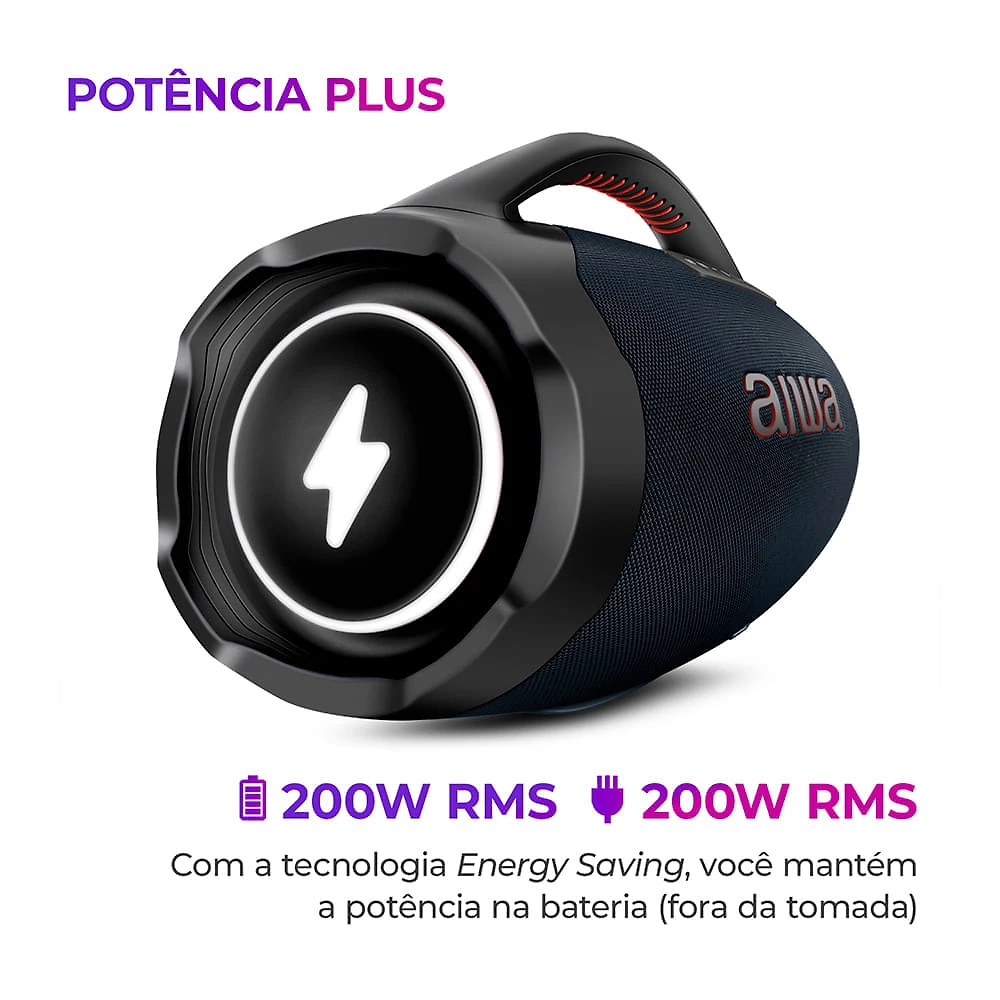 Miniatura Caixa de Som Boombox Plus AIWA BBS-01-LBL 200W BT 30H IP66 USB RGB BOOMBOX C/ LUZES AWS-BBS-01-LBL BIVOLT