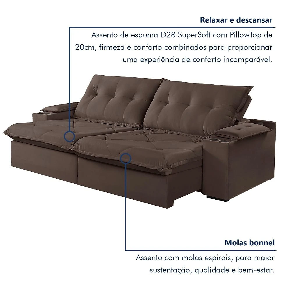 Sofá Retrátil e Reclinável com Entrada USB e Porta Copos 250cm Veneza Yescasa Sofá Retrátil e Reclinável 250cm M163 com Porta Copos Yescasa Veludo/Marrom Escuro