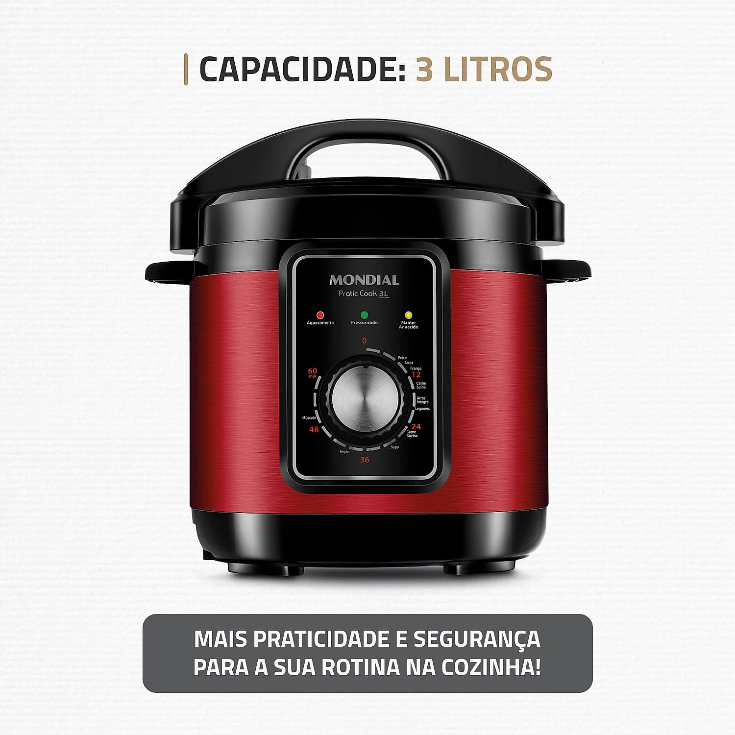 Panela de Pressão Elétrica Mondial Pratic Cook 3L Red Premium I PE-47-3L-RI PANELA ELÉTRICA DE PRESSÃO-127V-VERMELHO/INOX