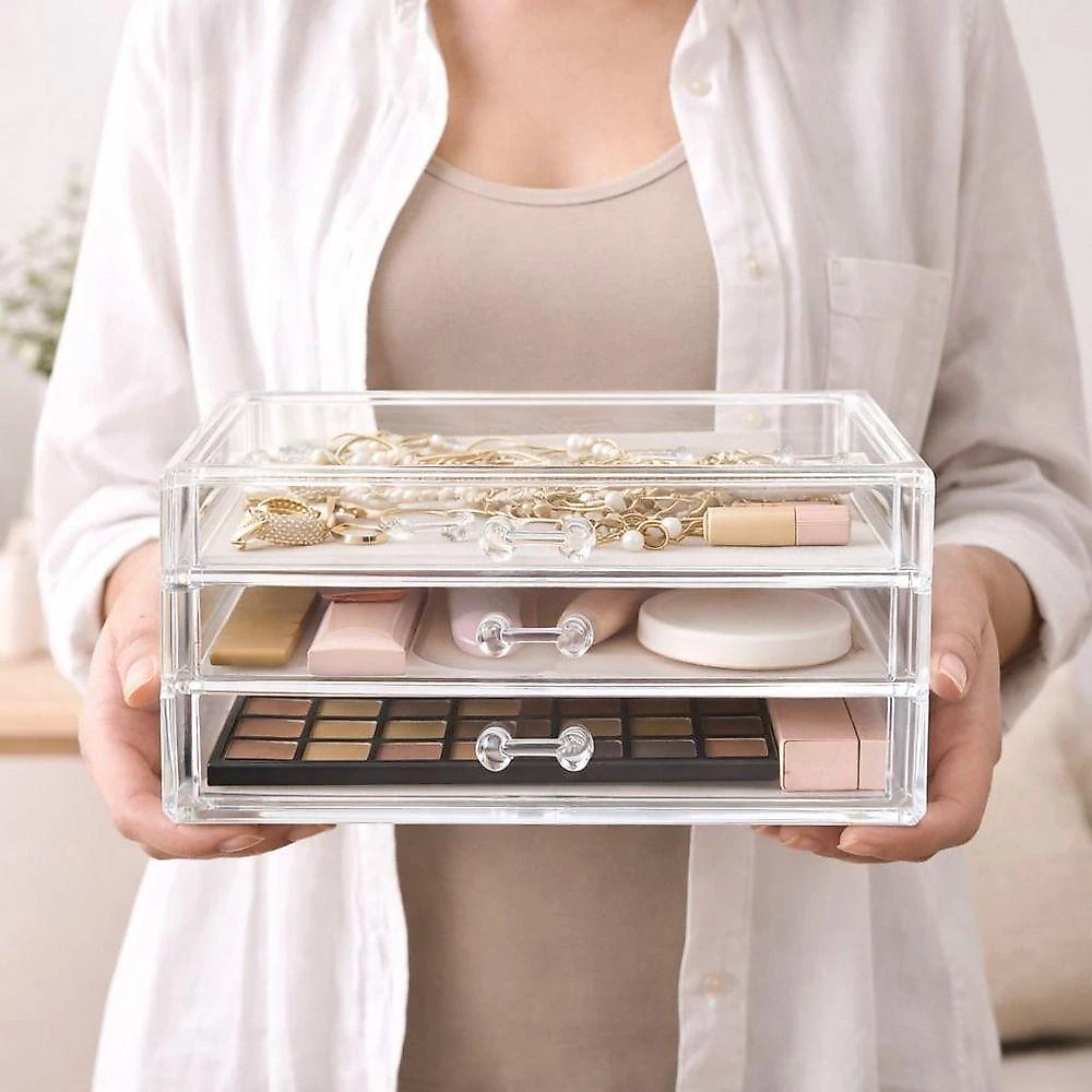 Organizador de Maquiagem Acrílico com 3 Gavetas para Cosméticos e Joias Transparente Utibom